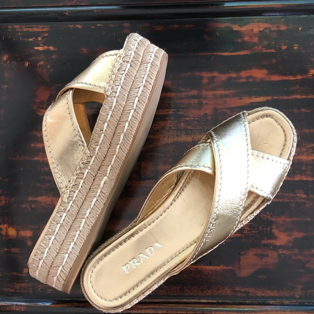 NEW Prada Crisscross Espadrille Gold - Picture 2 of 5